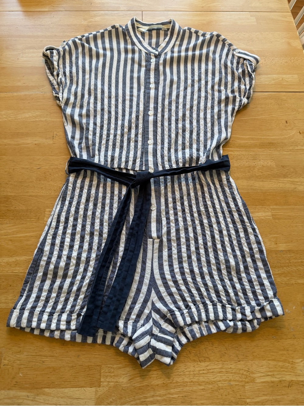 Zara Blue & White Striped Romper with Navy Belt